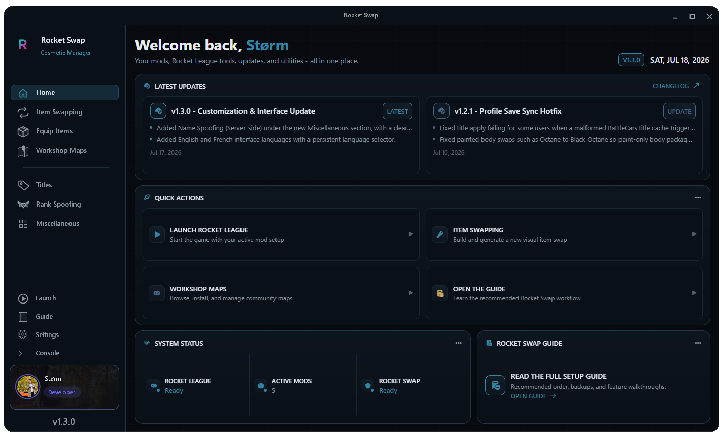Rocket Swap application dashboard